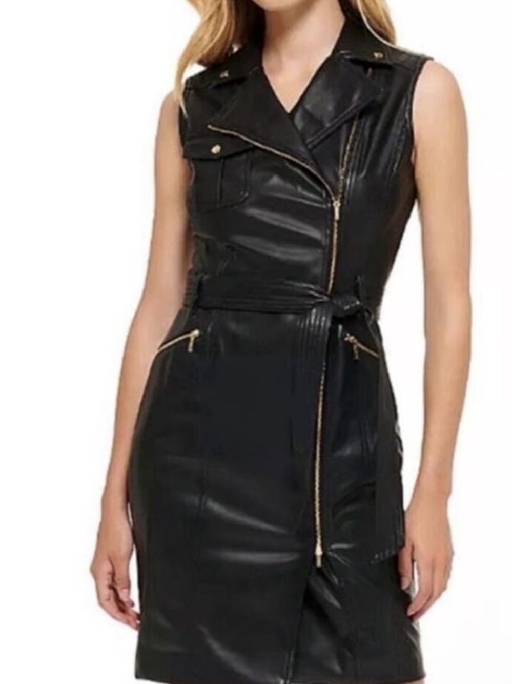 Calvin Klein Black Sleeveless Faux Leather Moto Dress with Gold Hardware